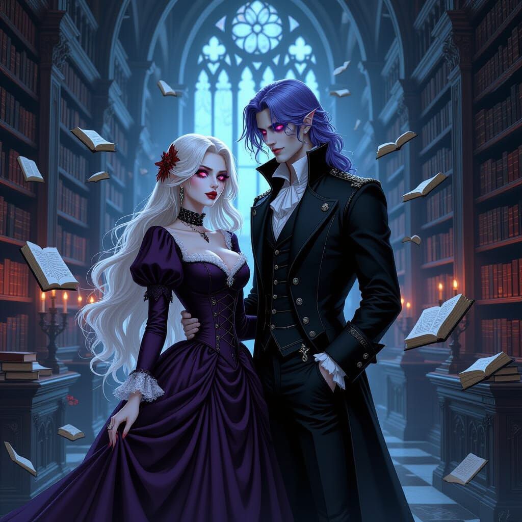 Gothic Vampire Couple in Decaying Library