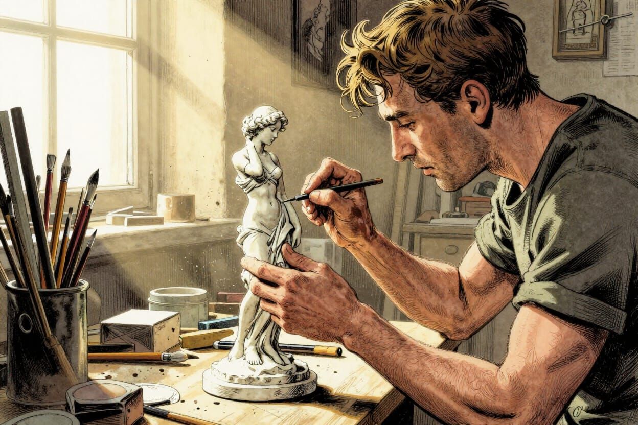Sculptor Creates Woman Statue in Comic Art Style
