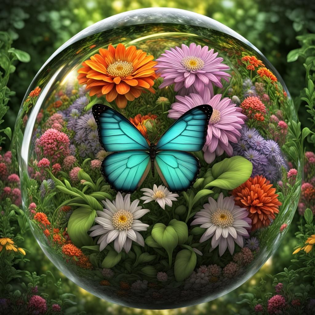 Crystalline Orb with Butterfly and Flowers in 3D