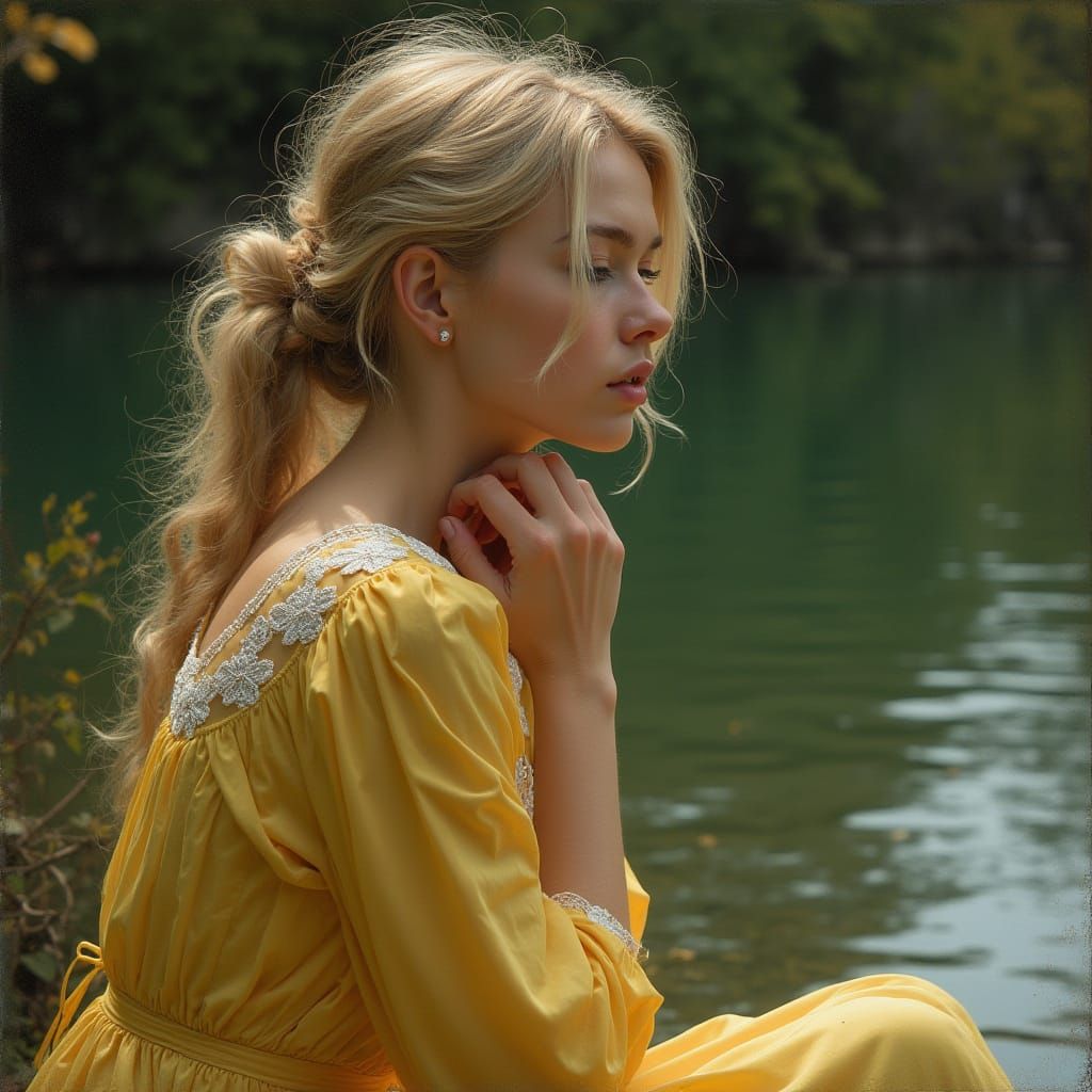 Woman in Silk Dress Weeping by Lake, Hyperrealistic Style