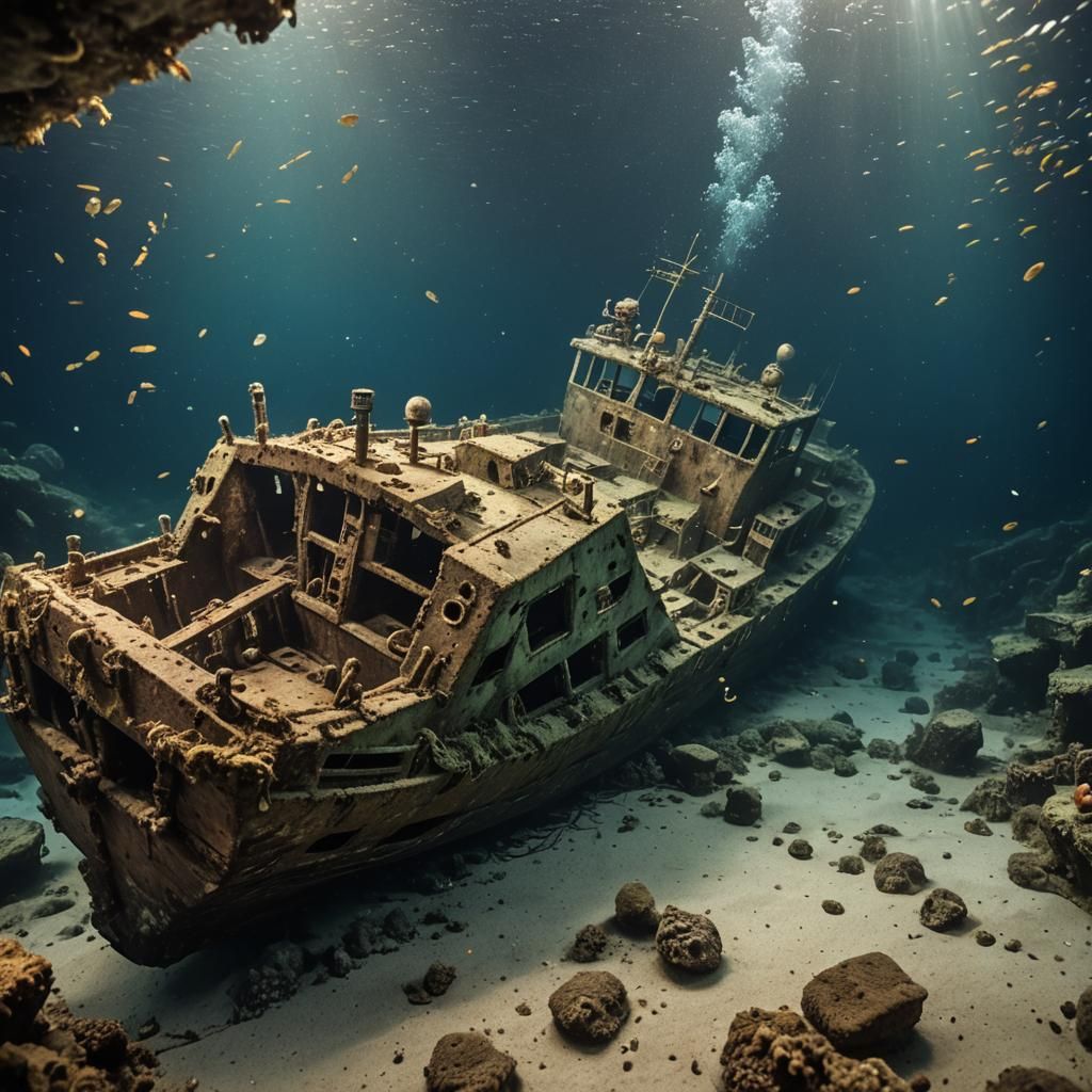 Underwater Shipwreck in Mariana Trench with Artificial Light...