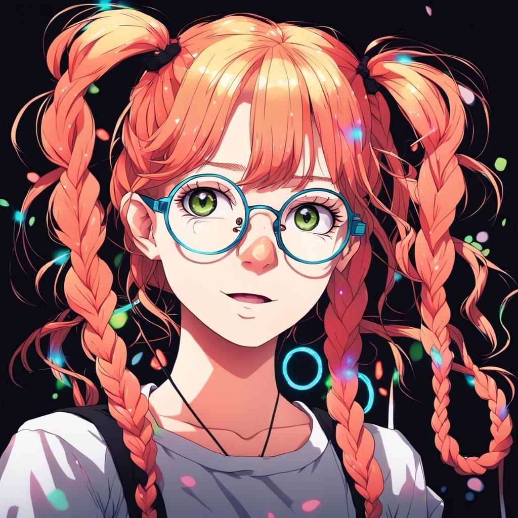Anime Girl with Braids in Neon on Black