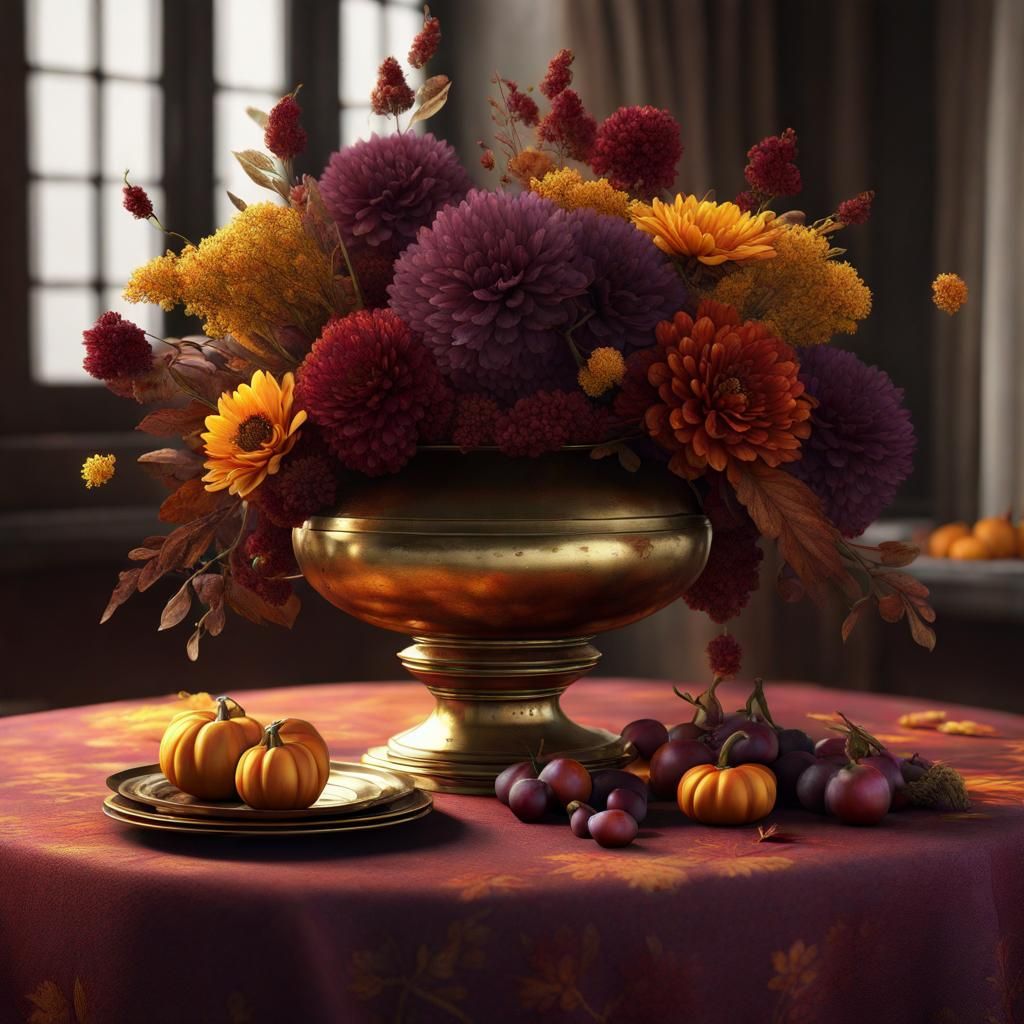 Autumn Flowers in a Brass Vase 1