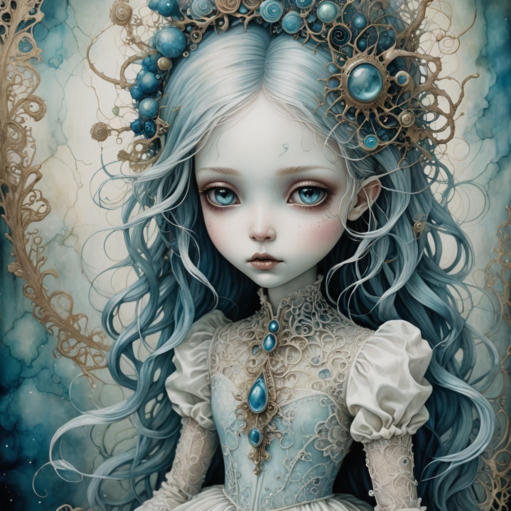 Ethereal Humanoid with Rose: Surreal Alcohol Ink Art