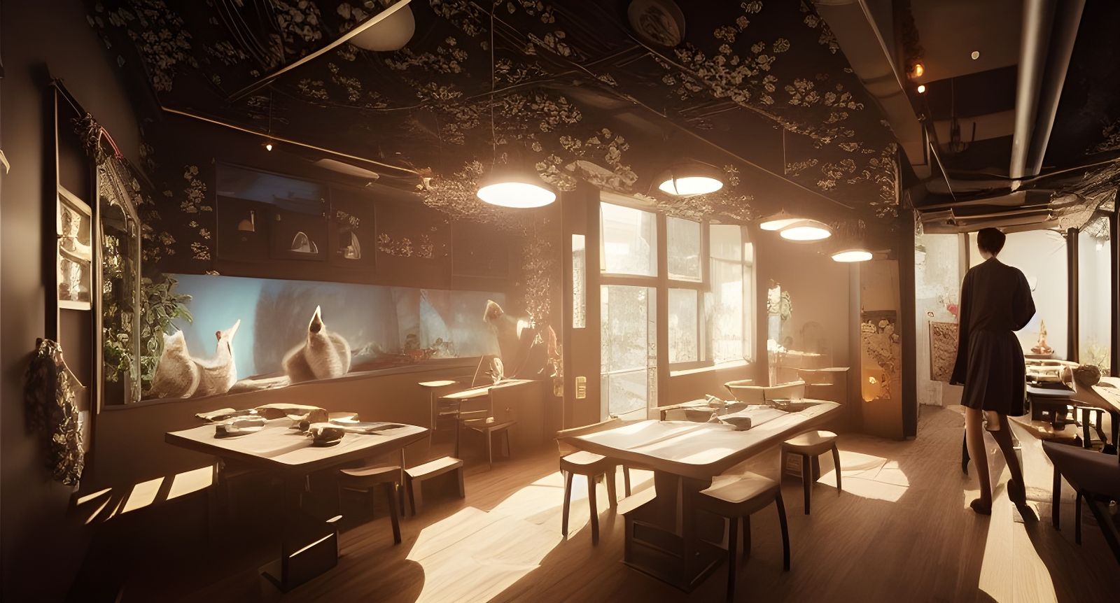 Japanese Cat Cafe Interior: Hyperdetailed Matte Painting