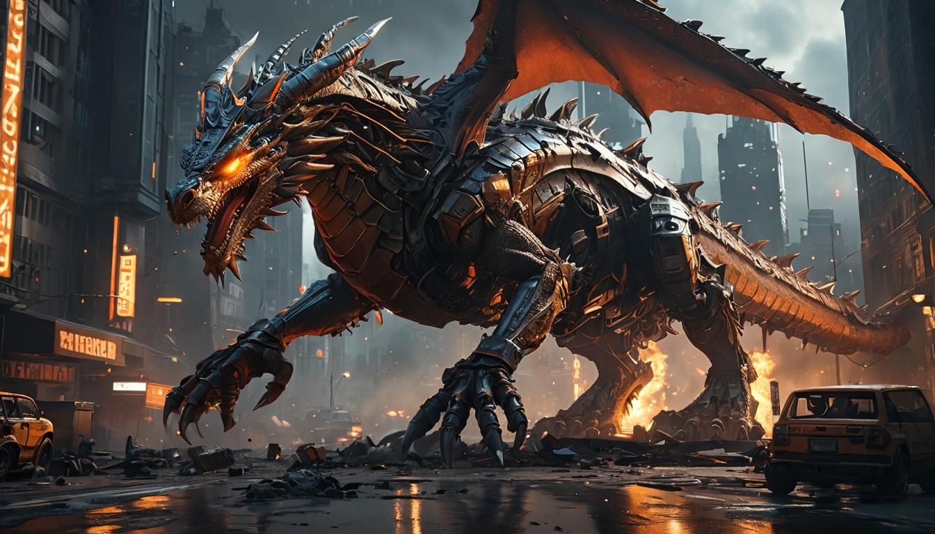 Sci-Fi Mechanic Dragon Destroys City in Cinematic Style