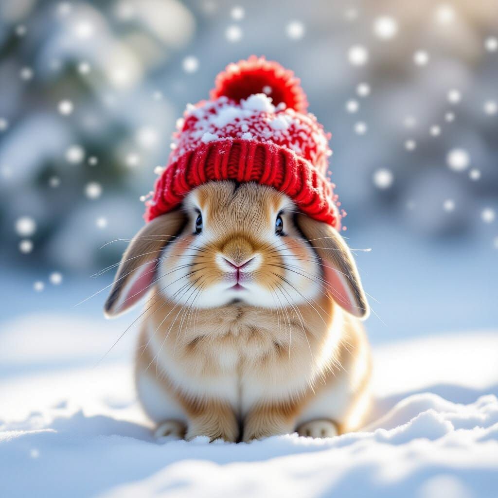 Fluffy Rabbit in Red Hat Dusted with Snow