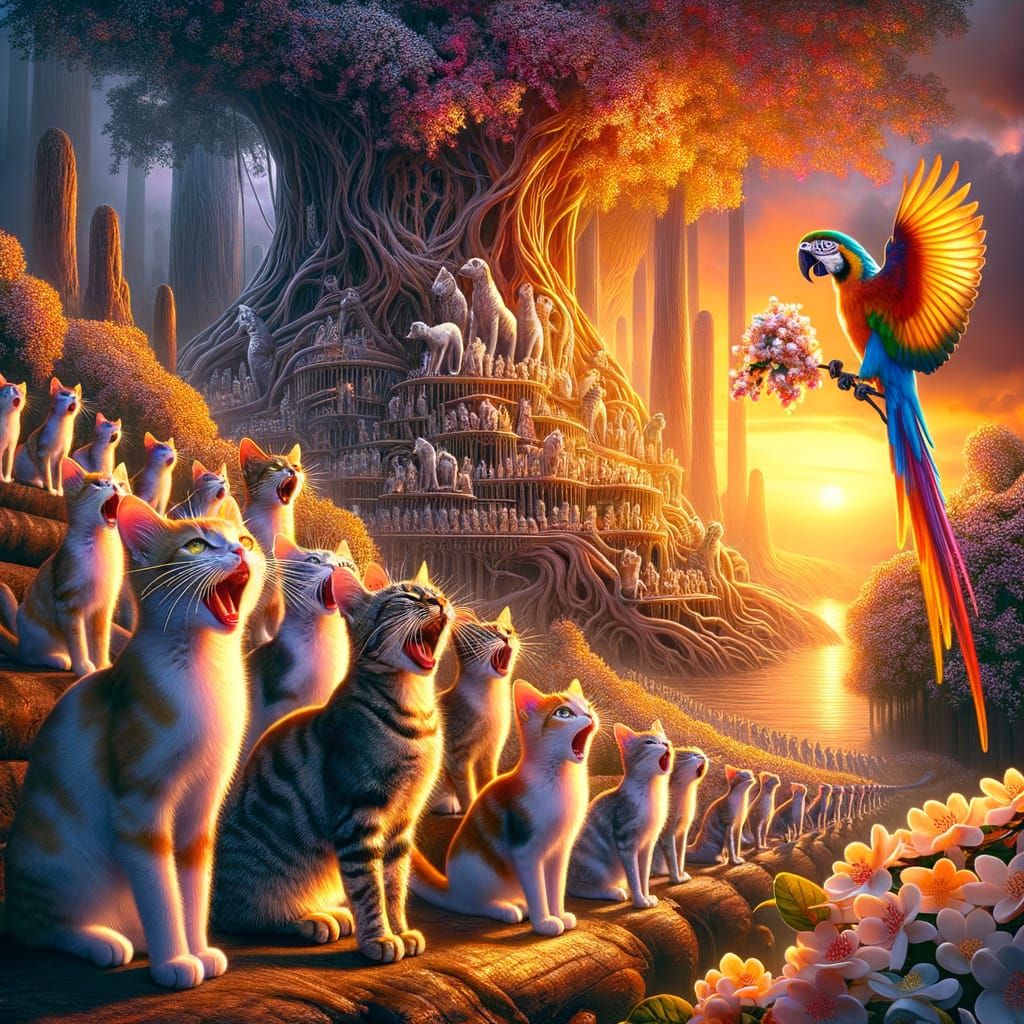 Choir of Cats Sing to a Parrot in Tree Palace