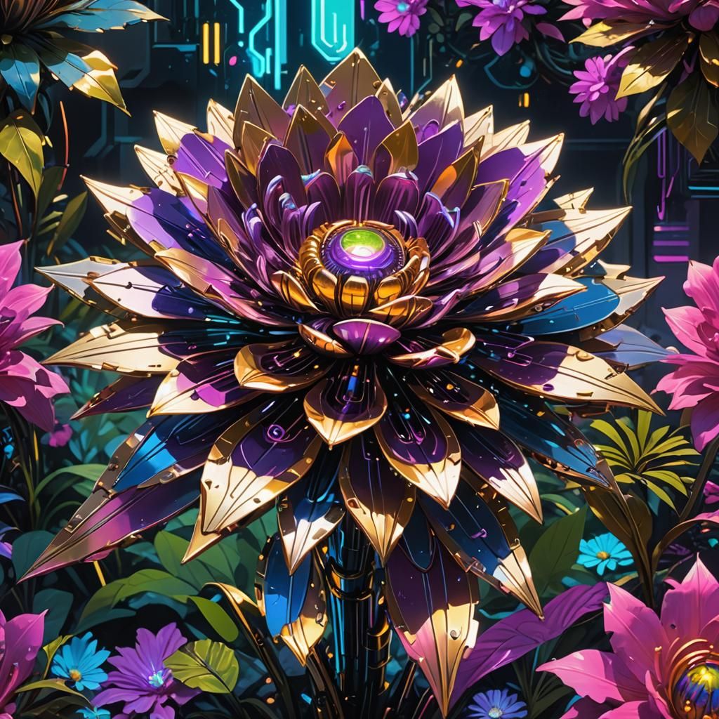 Cyberpunk Robotic Flower in Neon Garden