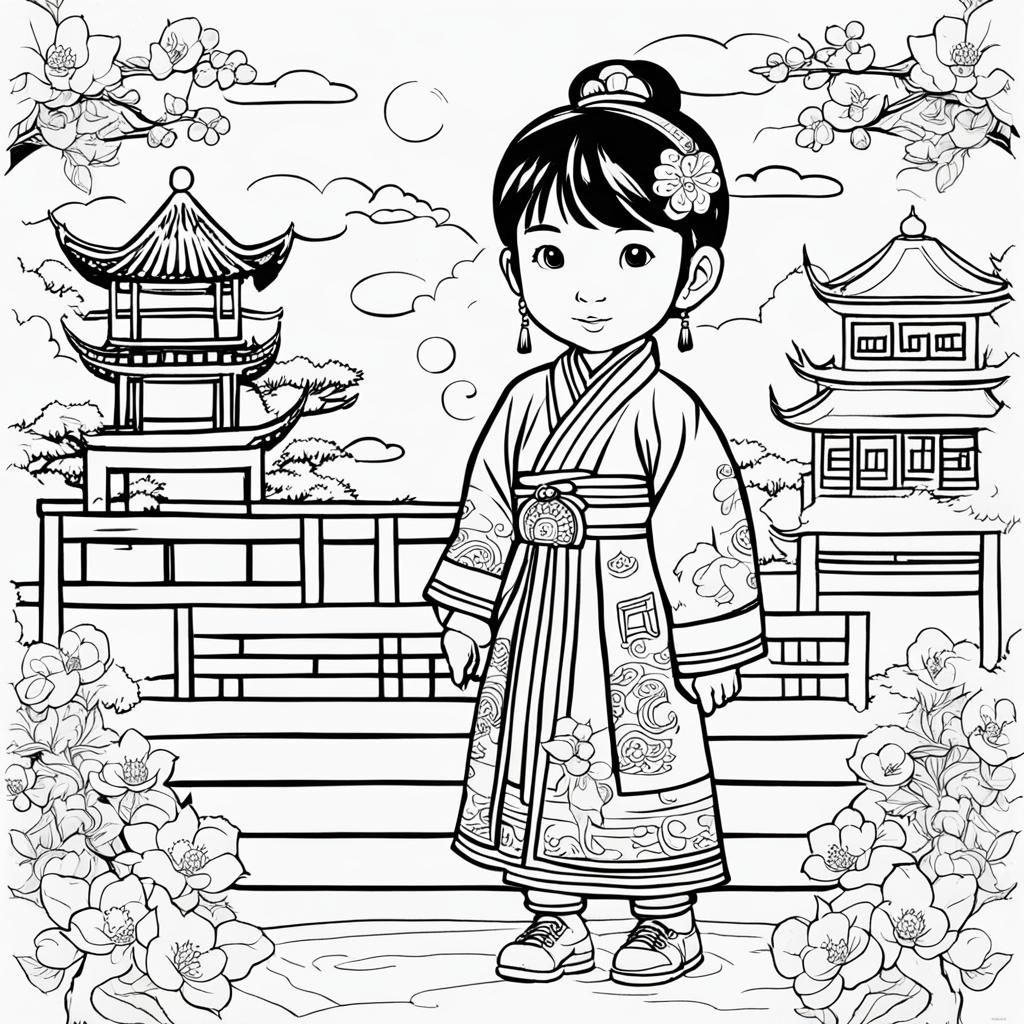 Chinese Girl Coloring Page in Traditional Clothes