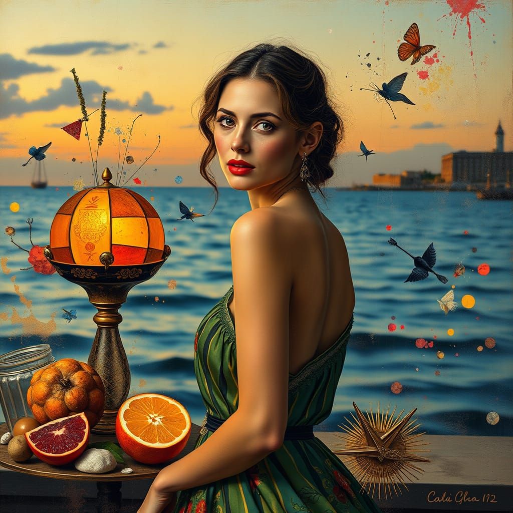 Cubist Seaside Portrait with Geometric and Folk Art Elements