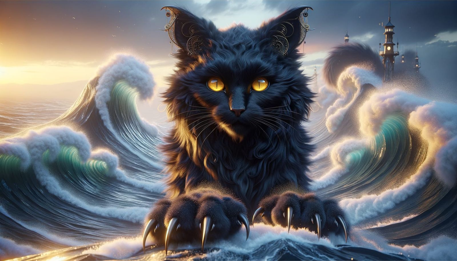 Ebony Cat Creature on Sea Wave as 3D Rendered Art