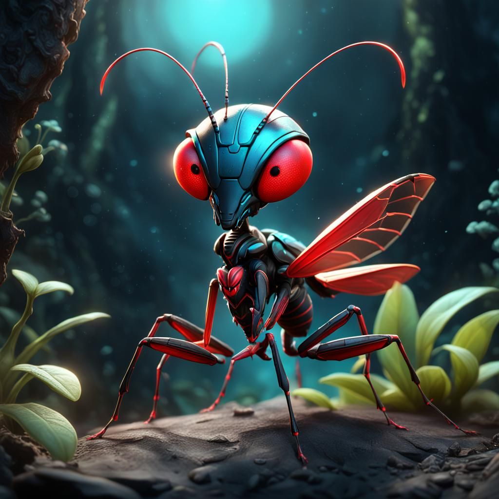 Bioluminescent Chibi Praying Mantis in Detailed Painting