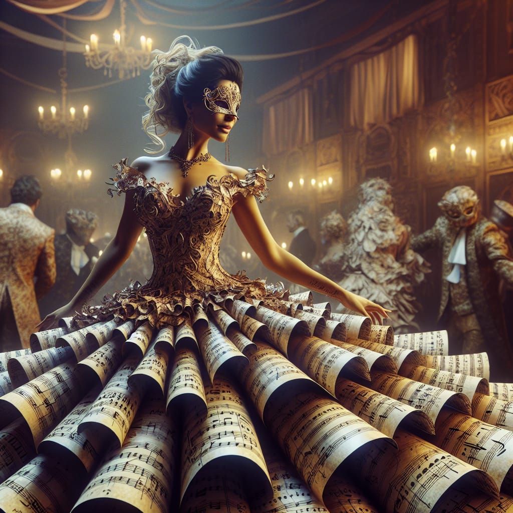 Hispanic Woman in Musical Paper Gown at Masquerade