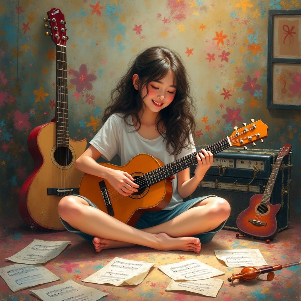 Young Musician Surrounded by Instruments in Vibrant Atmosphe...