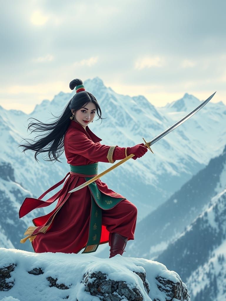 Mulan in the snow covered mountains with sword