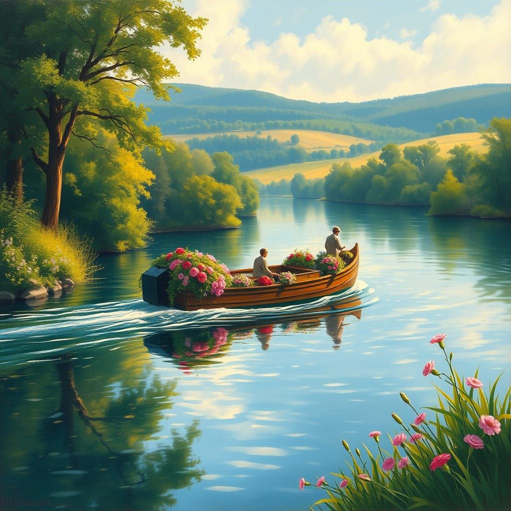 Impressionist River Boat Scene with Vibrant Flowers and Lush...