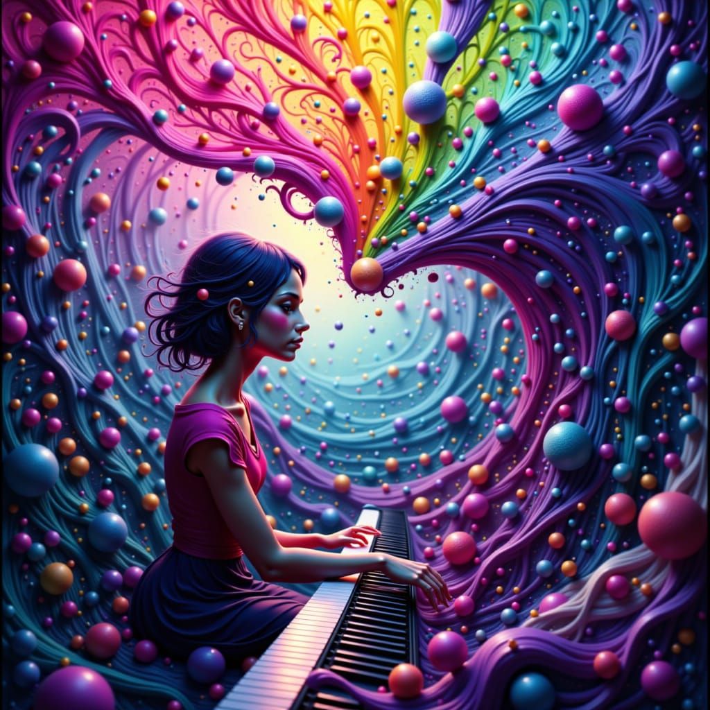 Musical Fountain Flowing from Piano, Dreamy Digital Art