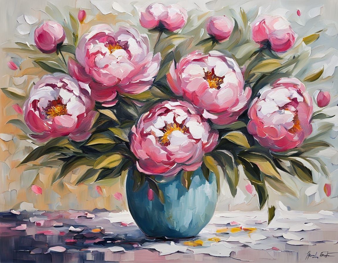 Vibrant Pink Peonies in a White Vase, Acrylic Painting