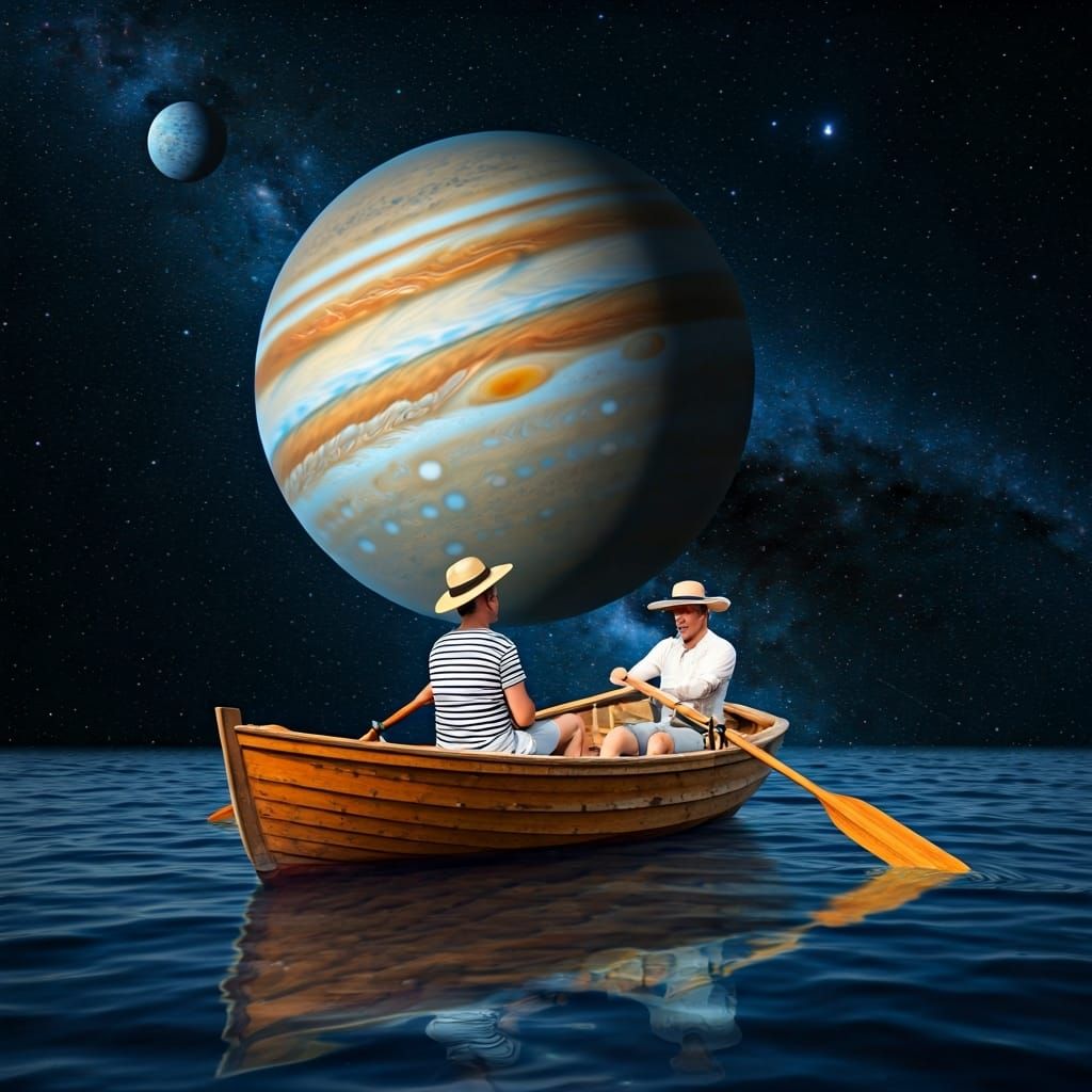 Victorian Men Rowboat Past Jupiter in Space