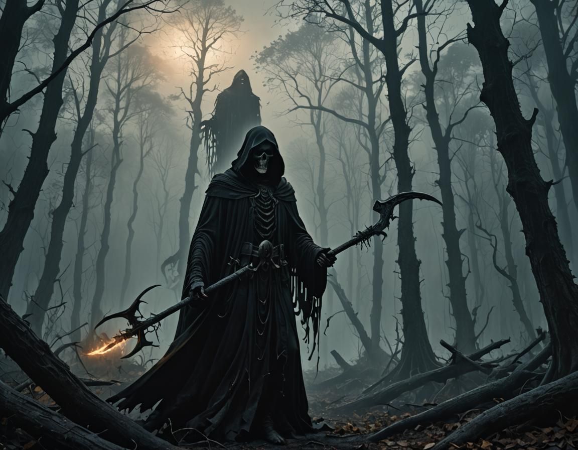 Grim Reaper in Misty Forest: Dark Fantasy Artwork