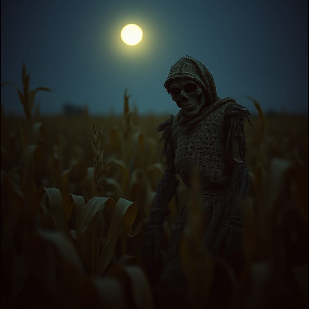 Eerie Scarecrow in Moonlit Cornfield: Cinematic Still