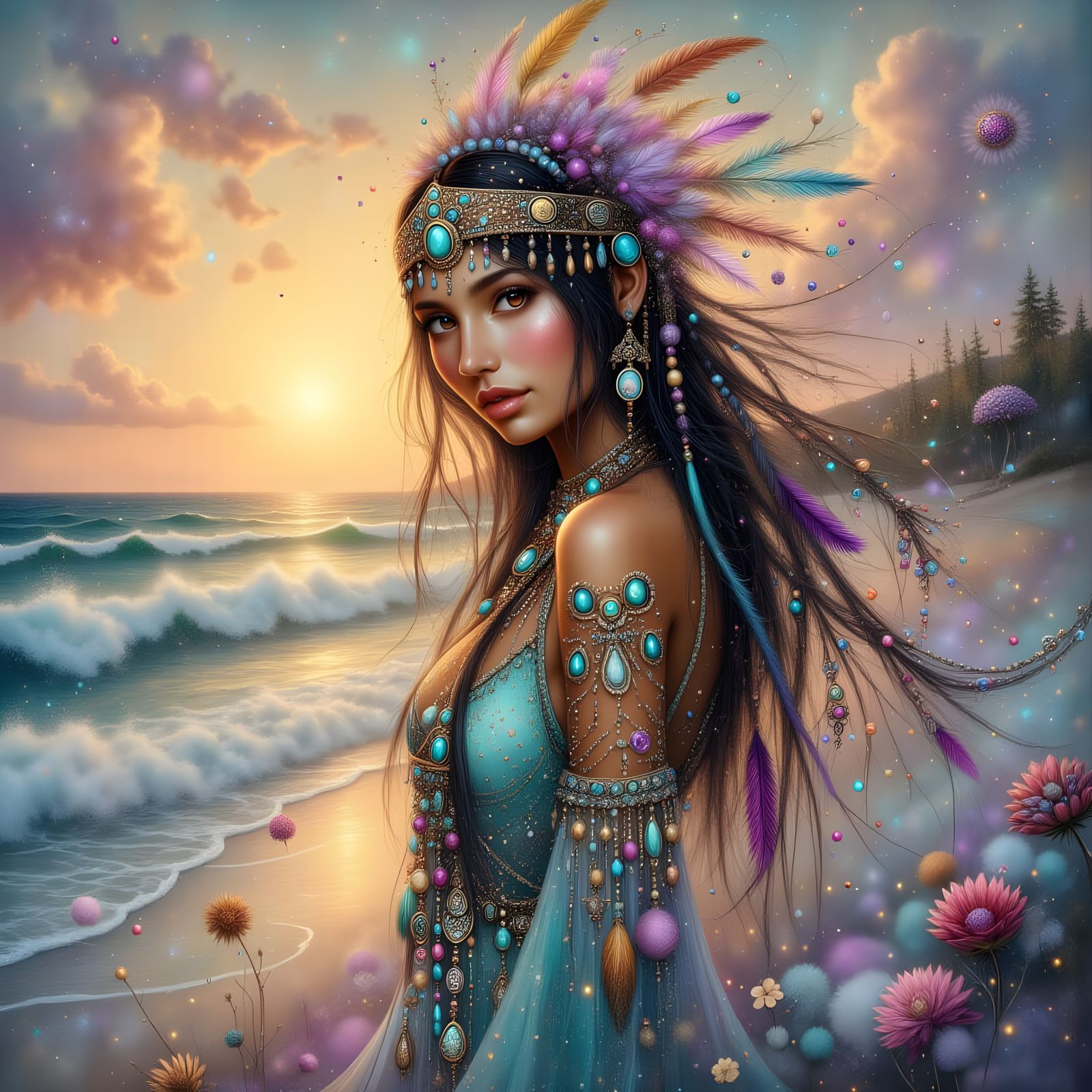 Native American Woman on Beach at Pastel Sunset