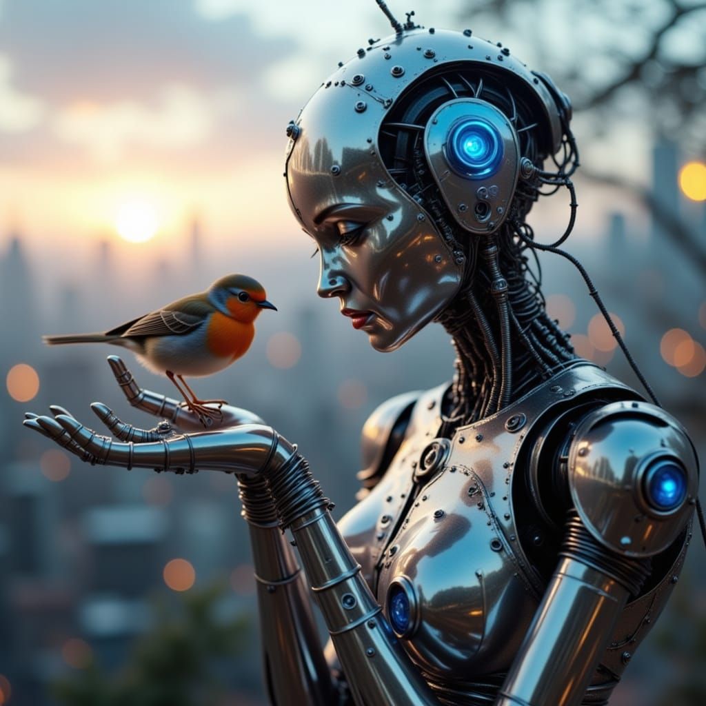 Surreal Robot Gently Holds Bird in Ethereal Light