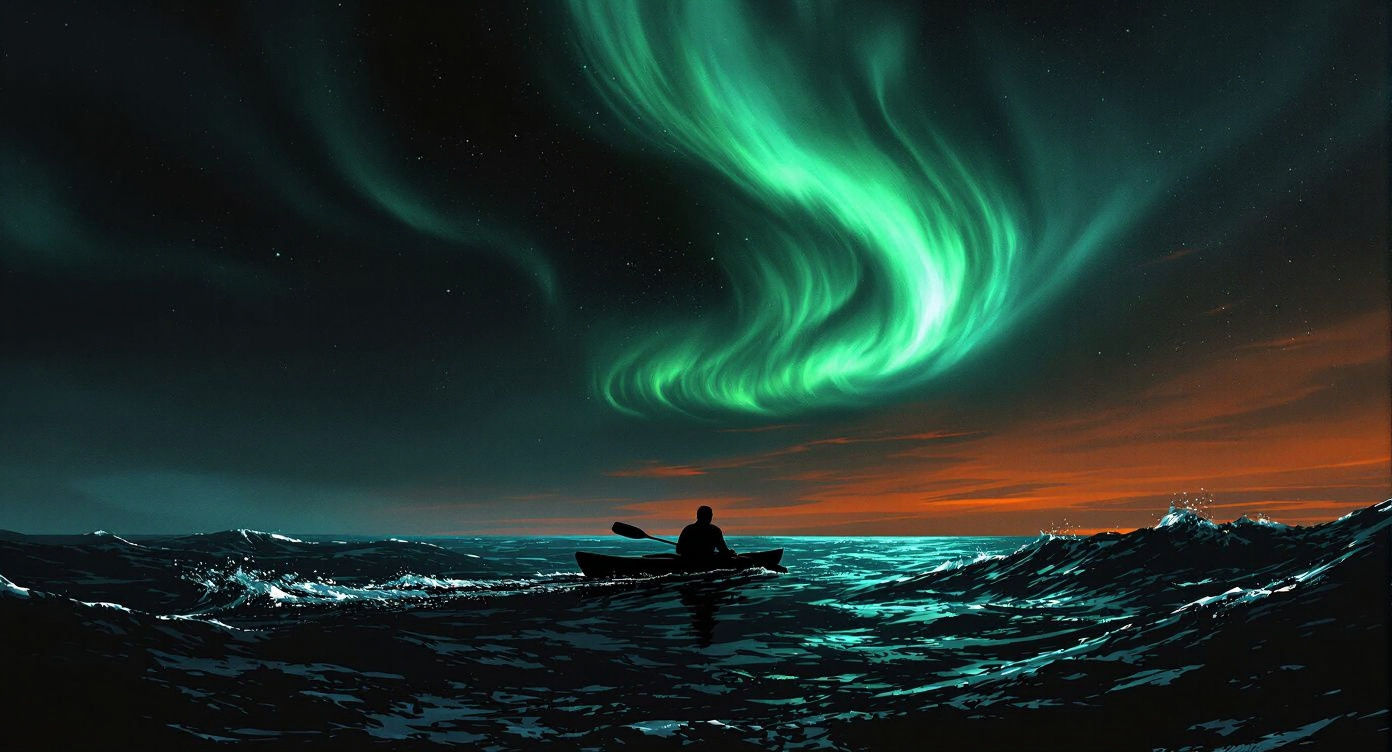 Lone Kayaker in Turbulent Sea Under Aurora Sky