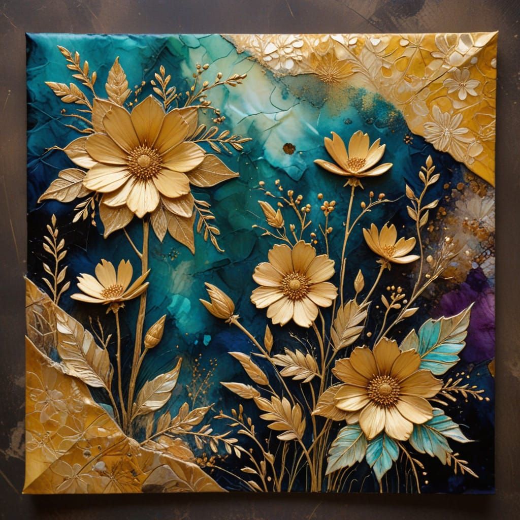 Vibrant Scene with Golden Flowers and Embroidery