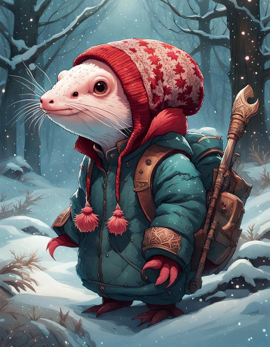 Axolotl in Beanie: Winter Scene, Digital Painting