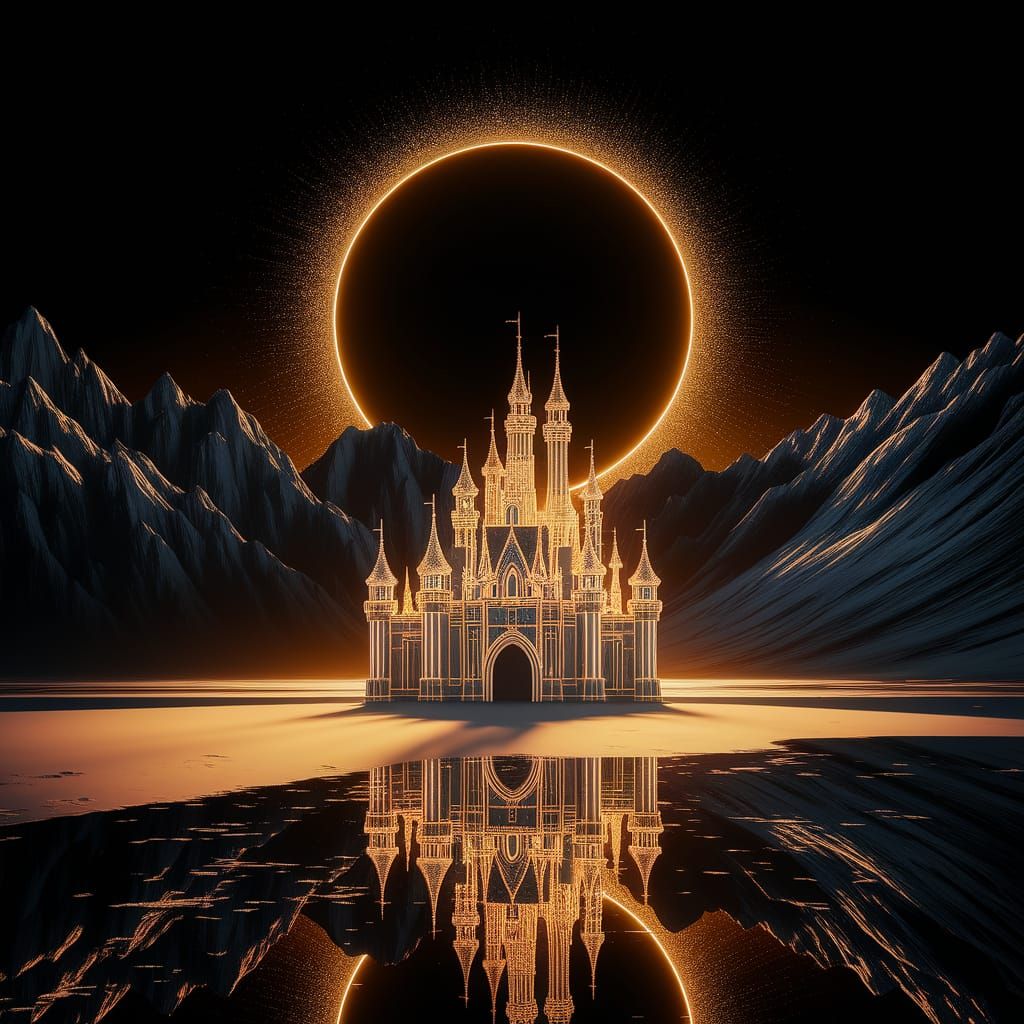Golden Castle on Reflective Beach in Dramatic Fantasy Style