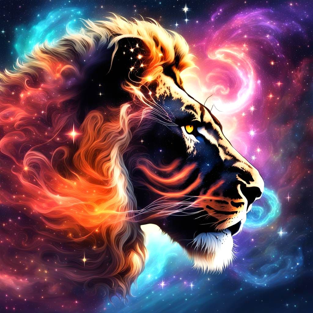 Mythical Lion Galaxy Silhouette with Magic Swirls