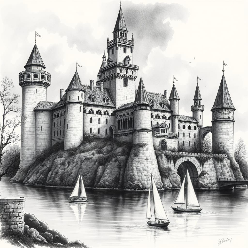 European Castle Overlooking Serene Lake in Charcoal Drawing ...