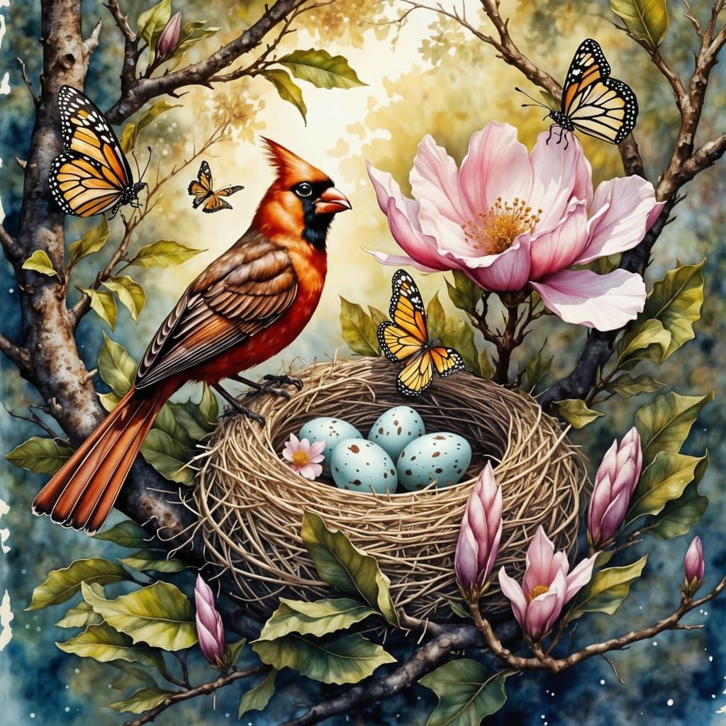 Cardinal Couple Tends Nest Beside Magnolia Bloom