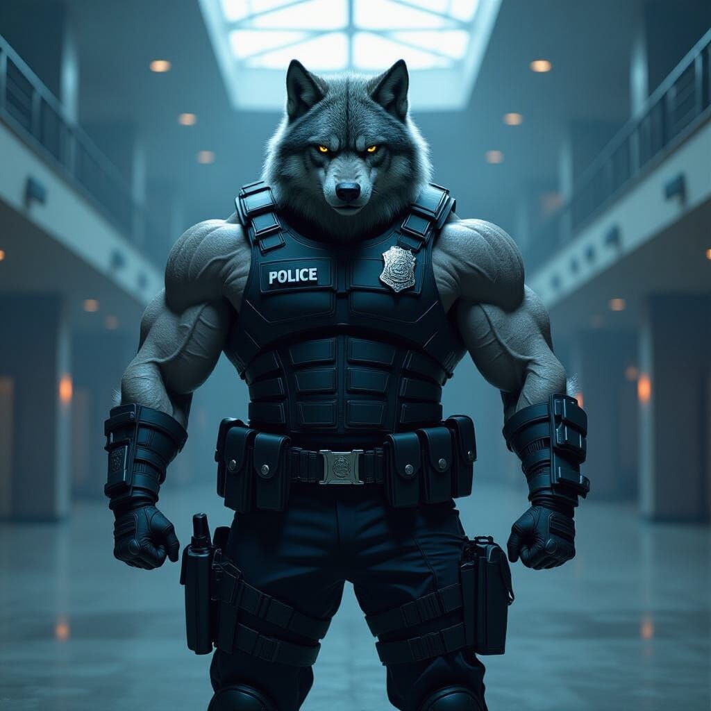 Muscular Wolf Guard in Dim Convention Hall