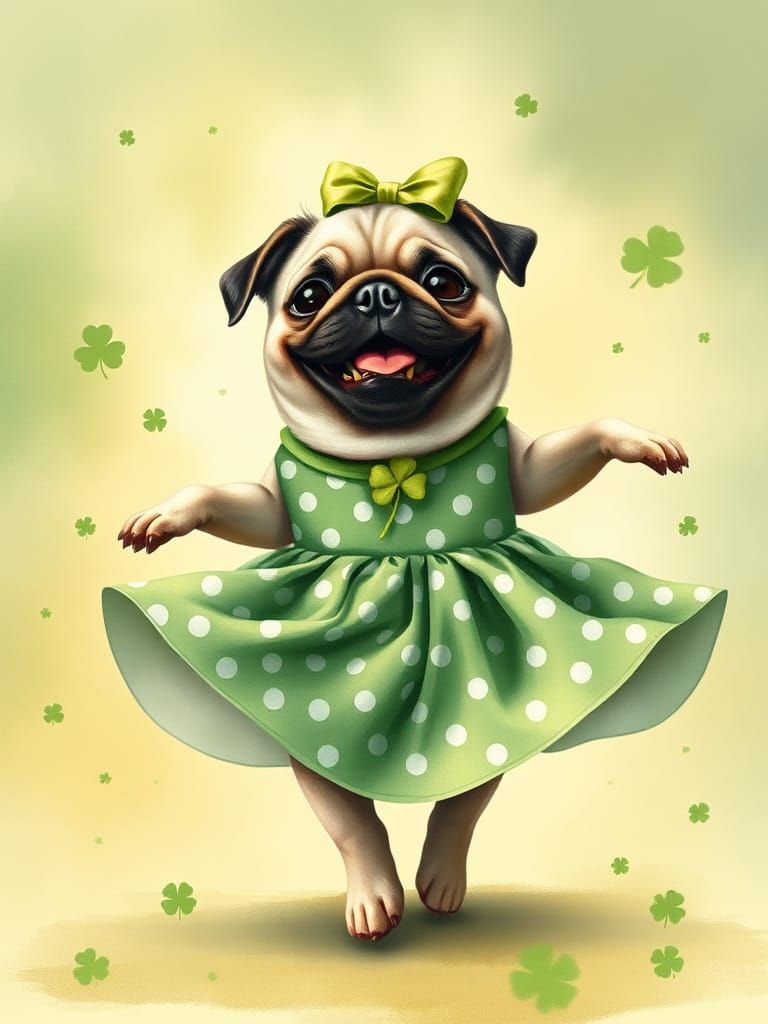 Whimsical Pug Dances in a Green Polka Dotted Dress with Sham...