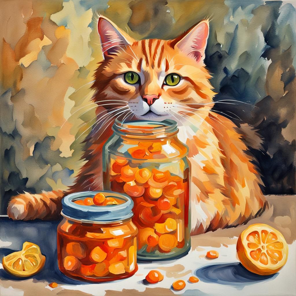Marmalade Cat with Marmalade Jar in Gouache Style