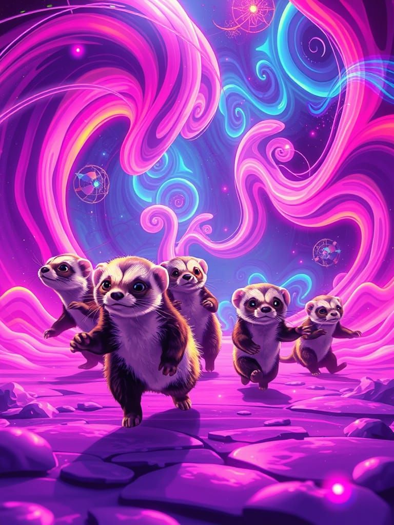 Hyperdynamic Neon Ferrets in Surreal Anime Style
