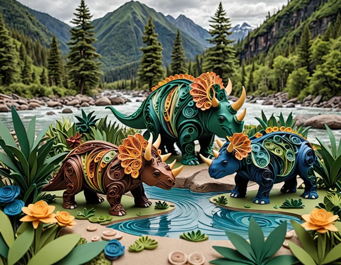 Quilled Triceratops Family by Prehistoric River