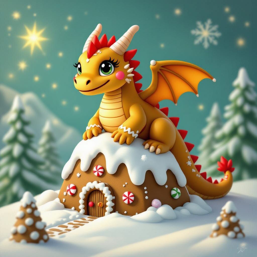 Gingerbread Dragon Perched on Snowy Mountain