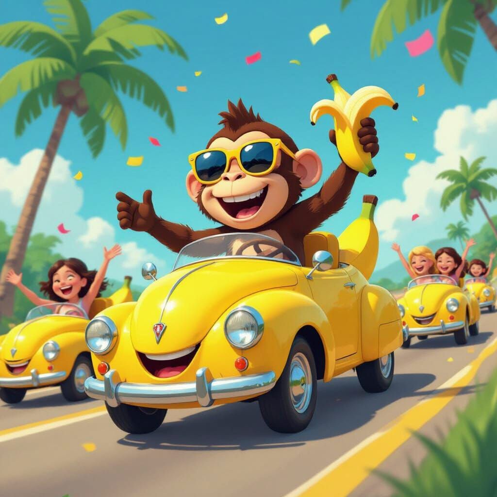 Joyful Monkey Drives Banana Car in Tropical Parade