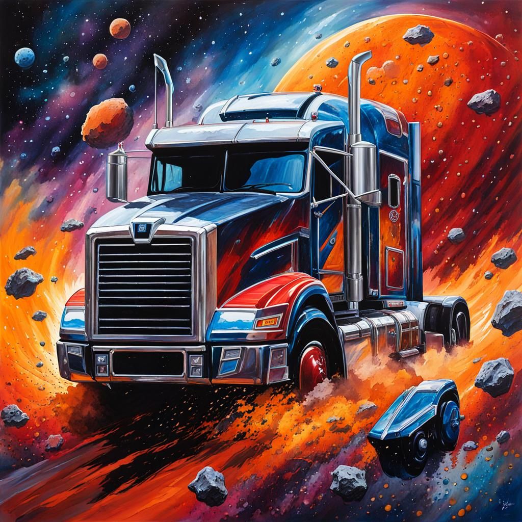 Gouache Painting of Megatruck in Cosmic Aerial View