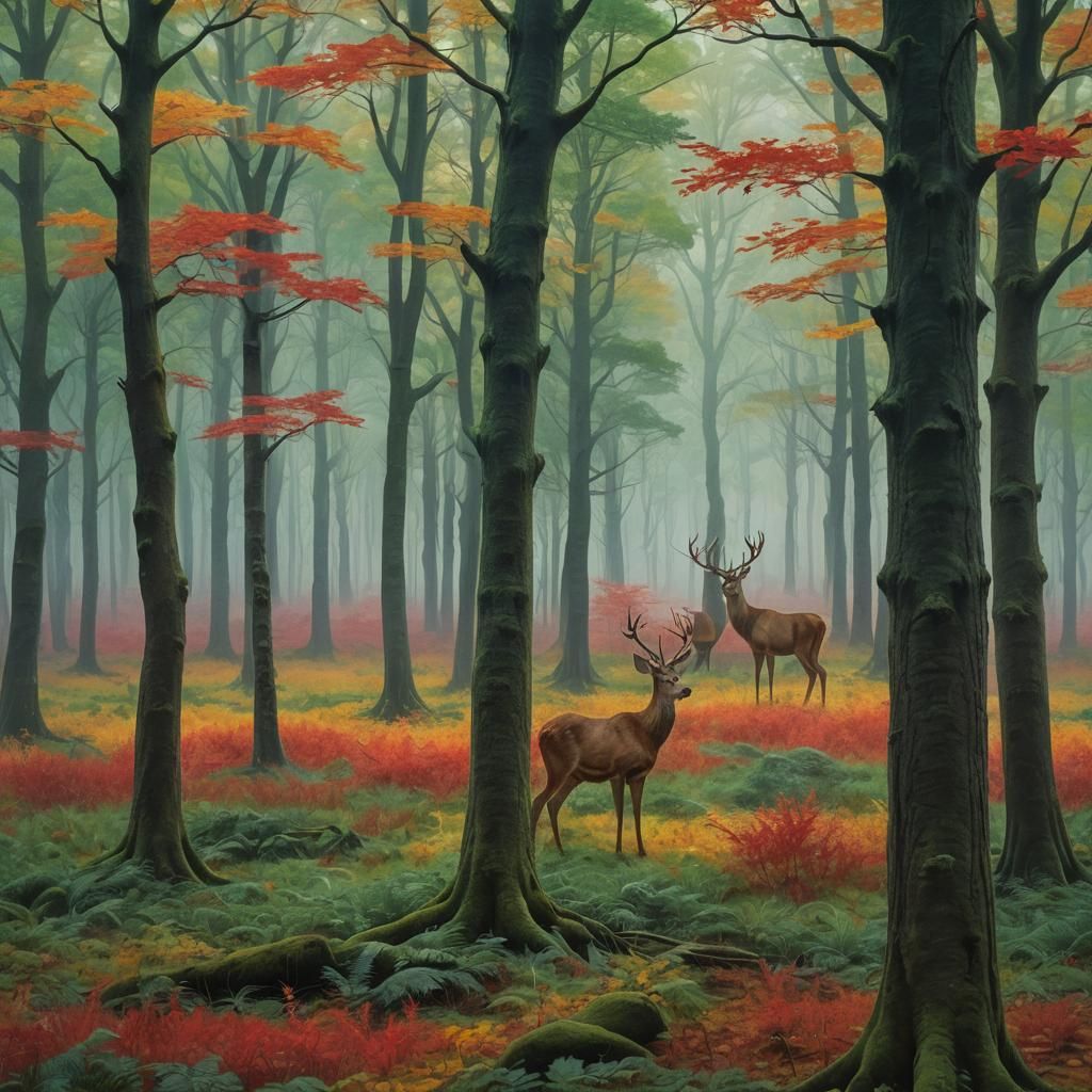 Deer in Forest Clearing at Dawn, Conceptual Art