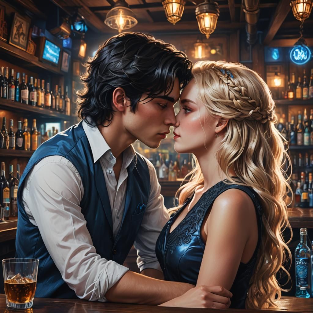 Passionate Kiss in a Vividly Colored Bar