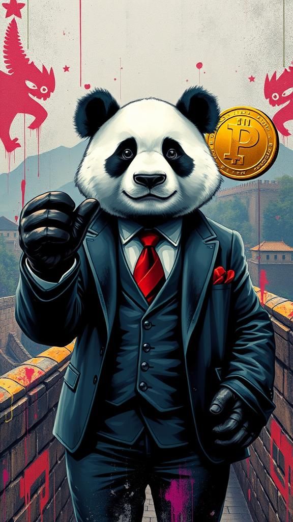 Panda Boss Waving Coin at Great Wall in Graffiti Style