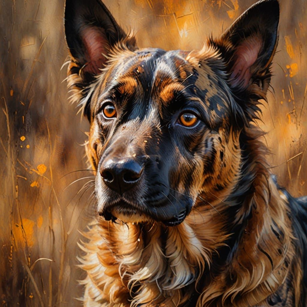 Brindle Dog Portrait in Warm Impressionist Oil Painting