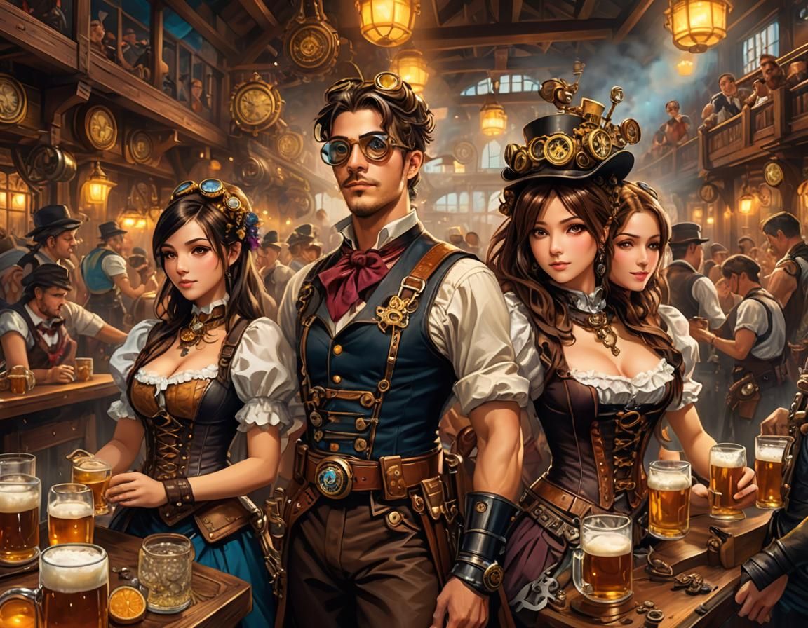 Steampunk Oktoberfest Celebration in Oil Painting Style