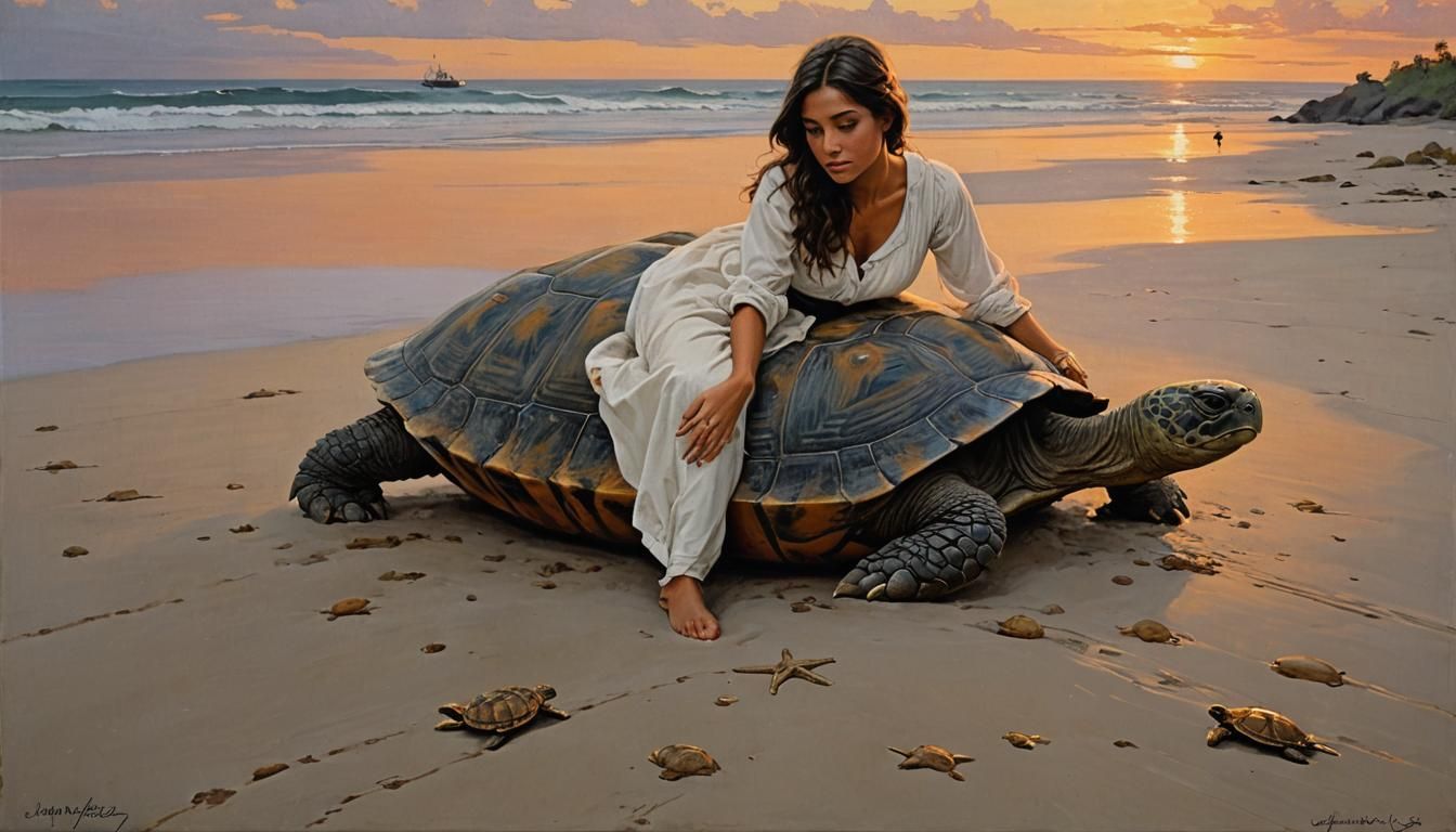 Girl Stands on Sunset Beach Beside a Ship and a Tortoise, in...