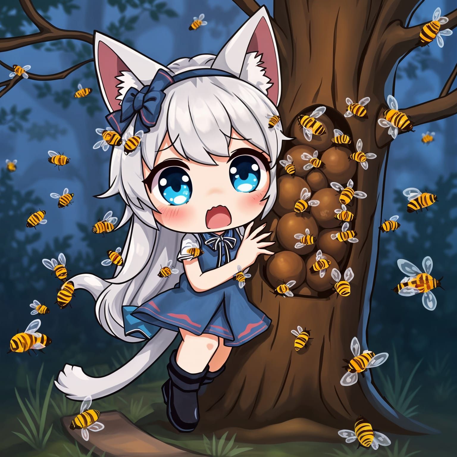 Adorable Anime Catgirl Surrounded by Swarming Bees in Moody...
